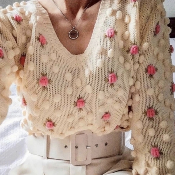 Zara Sweaters - ZARA floral pompom bauble knit v neck sweater small